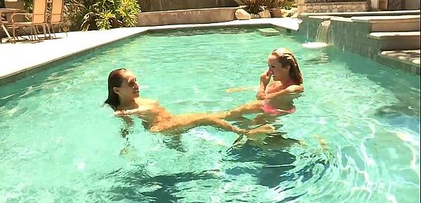  Hot babes Brett Rossi and Celeste Star tease each other in the swimming pool until they carry it on to the living room